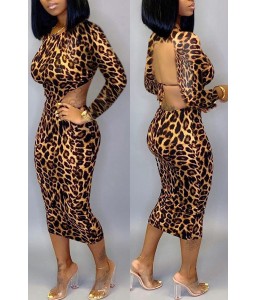 Lovely Casual Backless Leopard Printed Mid Calf Dress