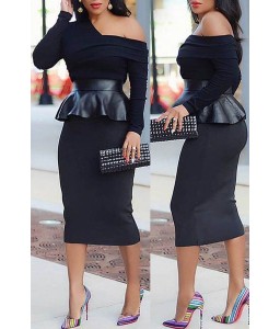 Lovely Casual Flounce Design Black Knee Length Dress