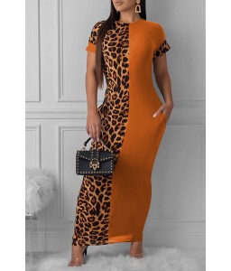 Lovely Casual Leopard Printed Patchwork Croci Ankle Length Dress