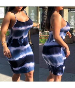 Lovely Casual Spaghetti Straps Printed Blue Knee Length Dress