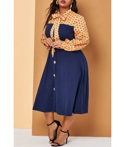 Lovely Casual Patchwork Printed Deep Blue Mid Calf Plus Size Dress