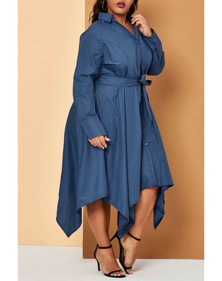 Lovely Casual Turndown Collar Blue Ankle Length Plus Size Dress