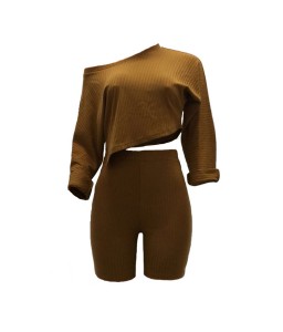 Lovely Casual Oblique Hem Khaki Two-piece Shorts Set