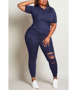 Lovely Casual Hollow-out Deep Blue Plus Size Two-piece Pants Set