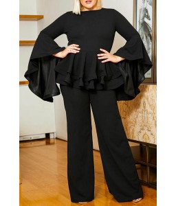 Lovely Casual Flounce Design Black Plus Size Two-piece Pants Set