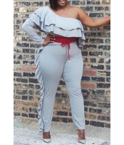 Lovely Casual One Shoulder Flounce Grey Plus Size One-piece Jumpsuit