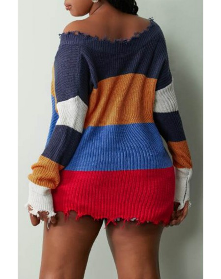 Lovely Casual Asymmetrical Patchwork Navy Blue Sweater